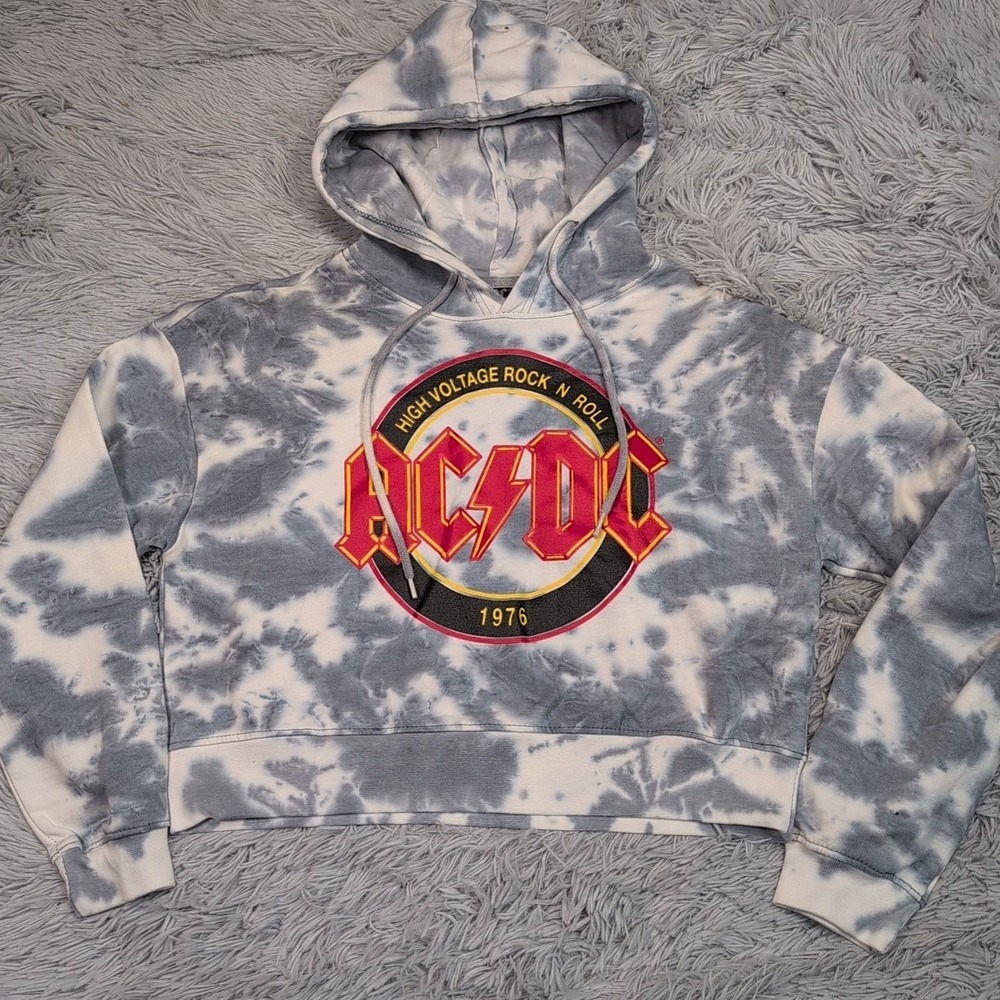 AC/DC Sweatshirt Womens S Gray Hoodie Cropped Oversized Athletic Rock Band